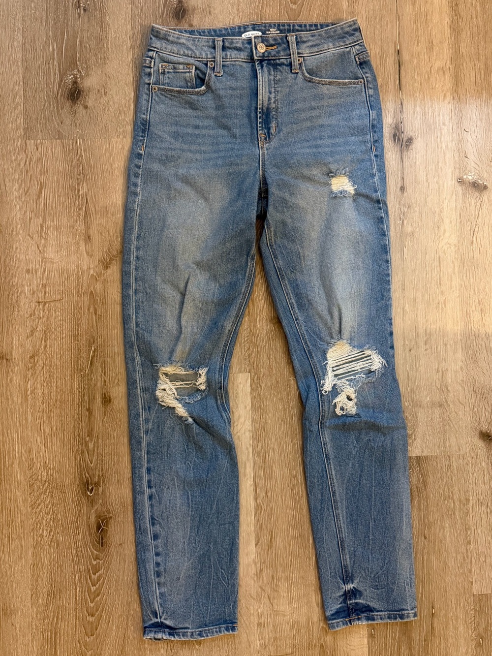 Women’s High Rise Distressed Blue Slim Straight Leg Denim Jeans 4 Tall